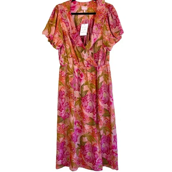 Show Me Your MuMu Verity Midi Dress Chiffon Garden Floral Pink Wedding Resort - Picture 3 of 16